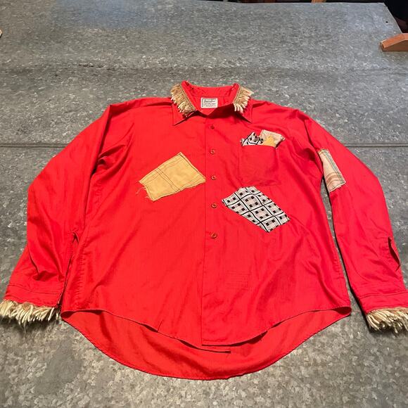 Vintage Handmade Scarecrow Button Up Shirt Large Straw Fall Harvest Patches Red - Picture 2 of 14